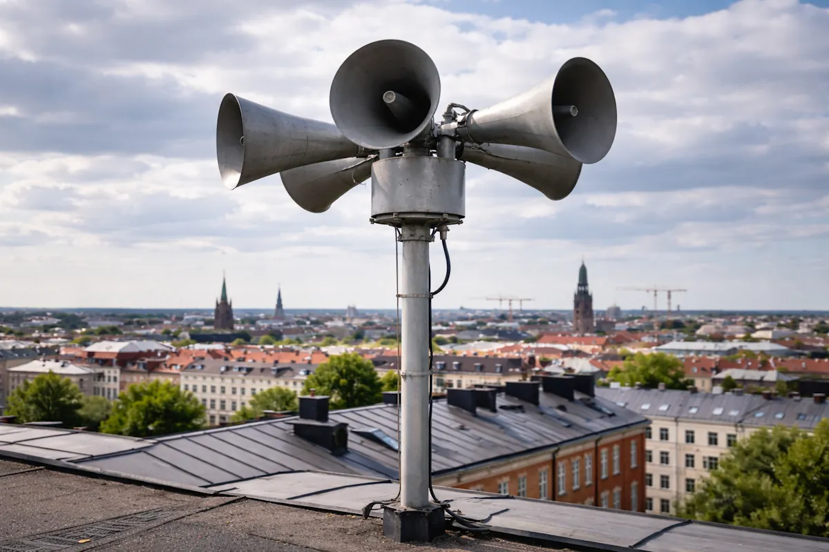 Hesa fredrik siren monterad på tak i svensk stad under test av utomhusvarningssystemet